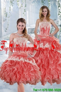 2015 New Style Strapless Appliques and Ruffles Quinceanera Dresses in Watermelon