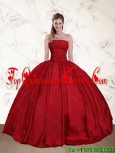 2015 Perfect Strapless Beaded Floor Length Quinceanera Dress in Red