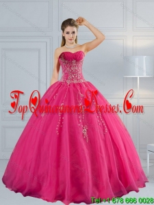 2015 Perfect Sweetheart Hot Pink Quinceanera Dress with Appliques and Beading