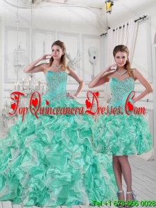 2015 Pretty Sweetheart Quinceanera Dresses in Apple Green with Ruffles and Beading