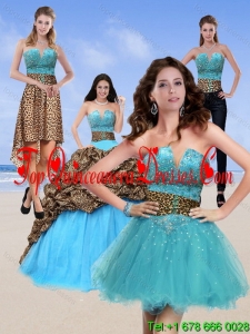 2015 Unique Leopard Print Baby Blue Quinceanera Dresses with Brush Train and Beading