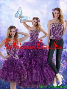 Fantastic Purple Strapless Quince Dresses with Appliques and Ruffles for 2015