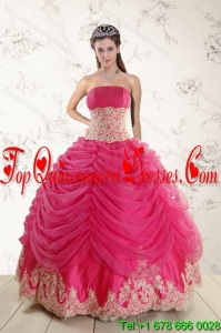 Fashionable 2015 Strapless Hot Pink Quinceanera Dresses with Beading and Lace