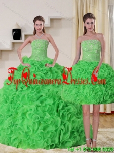 Pretty Strapless Spring Green Quince Dress with Beading and Ruffles