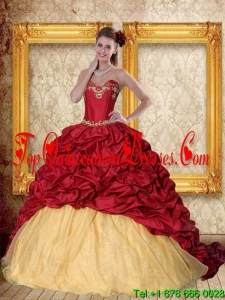 Puffy 2015 Wine Red Brush Train Quinceanera Dress with Sweetheart