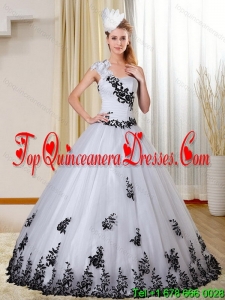 Puffy One Shoulder White and Black Quinceanera Dress with Appliques for 2015