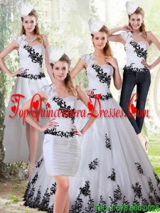 The Most Popular White and Black Sweetheart 2015 Quinceanera Dress with Black Embroidery