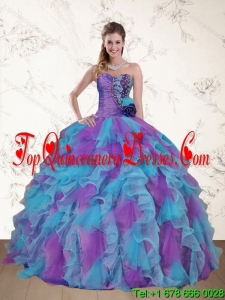 Fashionable Strapless Beading and Ruffles Multi Color Sweet 15 Dress