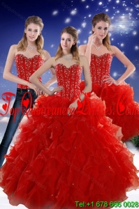2015 Modern Red Sweetheart Quince Dresses with Beading and Ruffles