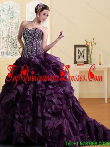 2015 Modern Sweetheart Burgundy Quinceanera Dress with Ruffles and Beading