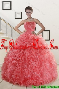 2015 Modern Watermelon Red Quince Dresses with Beading and Ruffles