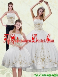 Modern 2015 Strapless Appliques White and Gold Quinceanera Dresses