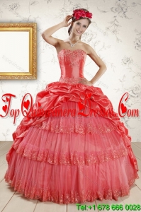 Modern 2015 Strapless Coral Red Quinceanera Dresses with Pick Ups and Beading