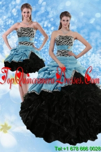 Modern Zebra Print Multi Color Strapless Quince Dresses with Ruffles and Pick Ups