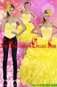 Modern Yellow 2015 Quince Dresses with Beading and Ruffles