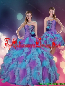 Modest 2015 Strapless Multi Color Quinceanera Dress with Beading and Ruffles