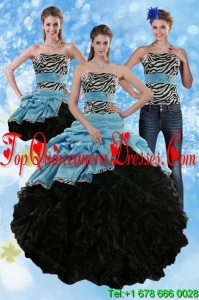 Modest Zebra Print Strapless Multi Color Sweet 15 Dresses with Ruffles and Pick Ups