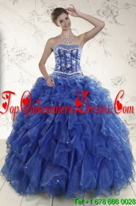 2015 New Style Royal Blue Quince Dresses with Beading and Ruffles