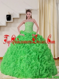 Luxurious Strapless Spring Green Quinceanera Dress with Beading and Ruffles