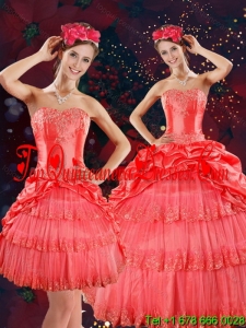 Modest Strapless Quinceanera Dresses with Beading and Pick Ups in Coral Red