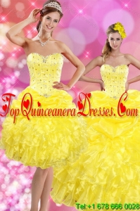 New Style 2015 Sweetheart Yellow Sweet 15 Dresses with Beading and Ruffles