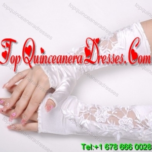 Elegant Satin Fingerless Elbow Length Bridal Gloves With Lace Appliques