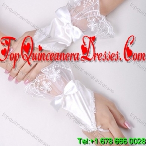 Pretty Satin Fingerless Wrist Length Bridal Gloves With Lace And Bow