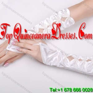 Unique Satin Fingerless Elbow Length Bridal Gloves With Butterfly-Shaped Flowers