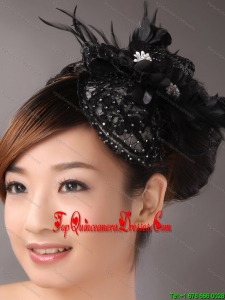 Black Lace and Feather Headpices With Imitation Beading Decorate For Party