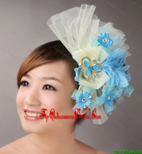 Blue Feather and Light Yellow Net Flower With Beading For Bridal