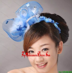 Blue Net and Feather With Beading Flower For Bridal