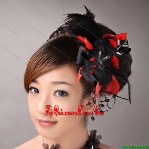 Fully Handmade Romantic Headpiece Red and Black With Feather For Party