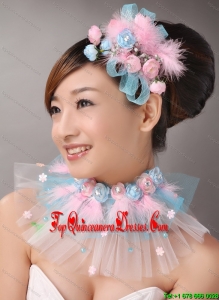 Pink Feather and Blue Net Flower Beading For Party