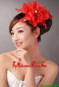 Red Chiffon Bud Silk Flowers With Beading For Party