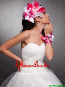 Red and White Organza Hand Made Flowers Beaded Headpieces and Wrist Corsage