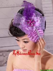 Feather Ribbon Pearl Lavender Bridal Headpiece