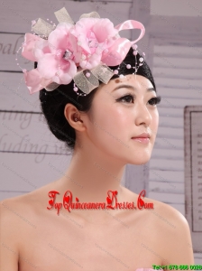 Wedding Party Pink Big Flower Pearls Chiffon and Tulle Headdress Bride