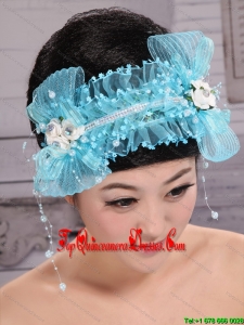 Aqua Blue Tulle Headpieces With Rhinestones and Imitation Pearls Decorate