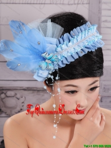 Classical Rhionstones and Feather Decorate On Tulle Baby Blue Headpices For Party