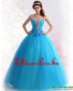 2015 Puffy Blue Quinceanera Dresses with Rhinestones and Bowknot