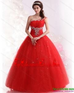 2015 Puffy Red One Shoulder Sweet 15 Dresses with Rhinestones