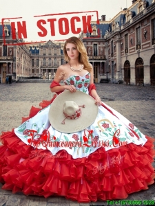 Luxurious White and Red Quinceanera Dresses with Ruffled Layers and Embroidery