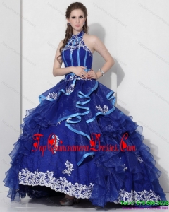 Pretty Halter Top Appliques Blue 2015 Quinceanera Dresses with Ruffles and Brush Train
