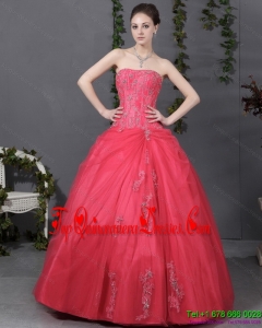 Puffy Coral Red Strapless Sweet 16 Dress with Ruching and Appliques