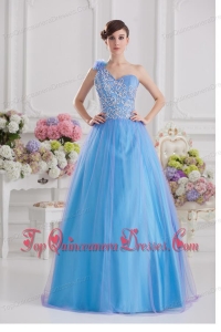 2014 A-line One Shoulder Tulle Blue Quinceanera Dress with Appliques Hand Made Flower