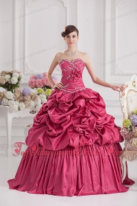 2014 Spring Ball Gown Sweetheart Hand Made Flowers Beading Pick-ups Quinceanera Dress in Red