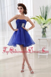 A-line Strapless Beading and Ruching Organza Dama Dresses in Blue