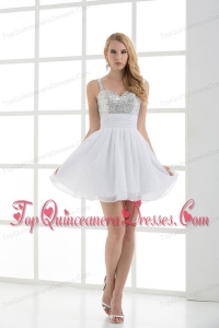 A-line Straps White Sleeveless Beading and Ruching Dresses for Dama