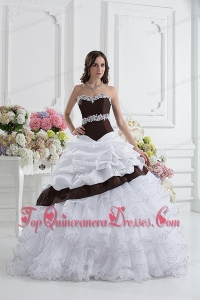 Ball Gown Sweetheart Beading Ruffled Layers Brown and White Quinceanera Dress