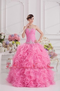 Ball Gown Sweetheart Organza Beading Ruffles Rose Pink Quinceanera Dress